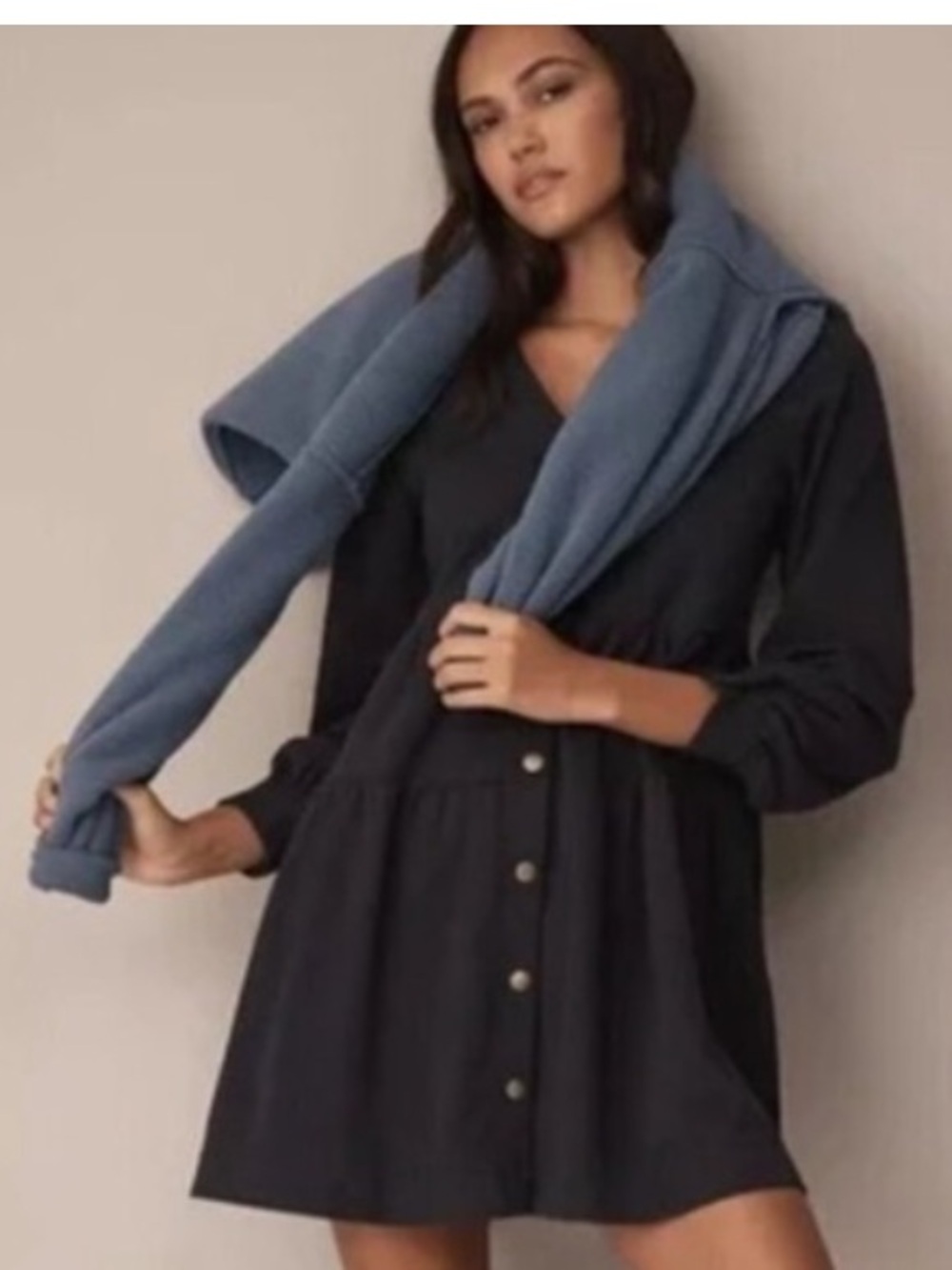 New! Anthropologie Sundays by weareysunday Black Button-Front Flowy Mini Dress - Picture 8 of 8